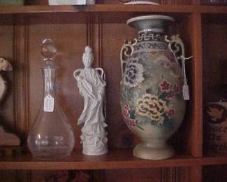 Large Oriental Vase, Ceramic Japanese Woman, Etched Decanter