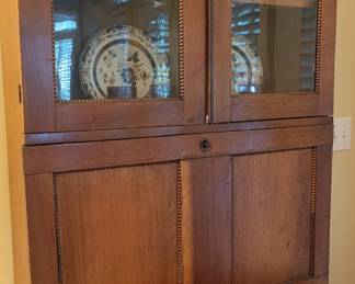 Lovely antique secretary bookcase with old glass, walnut with rope design