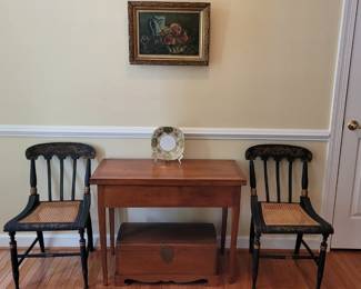 game table, opens, and two 19th Century ebonized gilt cane bottom chairs, old chest