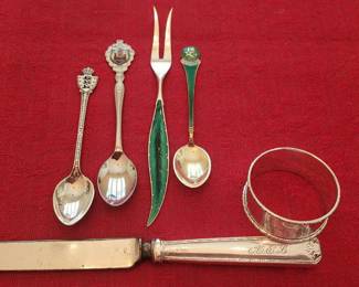 sterling silver collector's spoons, letter opener, napkin ring