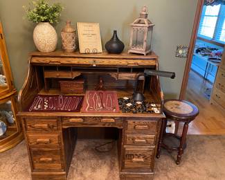 Antique Roll Top Desk, Small Round Side Table, Lantern Decor
