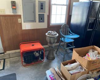 Generator, Concrete Garden Fountain, Vintage Wood High Chair
