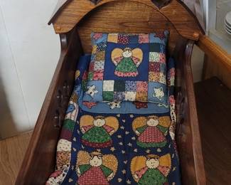 Oak Doll Cradle with Heart Motifs
