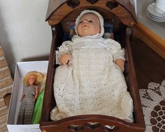 Oak Doll Cradle with Heart Motifs
