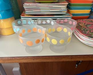 1960's Katja Pastel Polka Dot Frosted Glass Dessert Cups - Set of 5