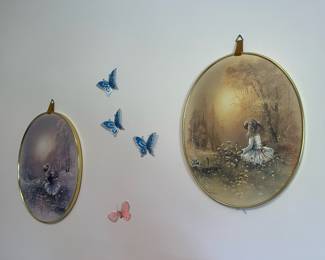 Pair of Brass Framed Silk Prints "Girls Picking Flowers"