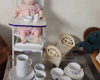 Assortment of Toy China Sets, White Doll High Chair