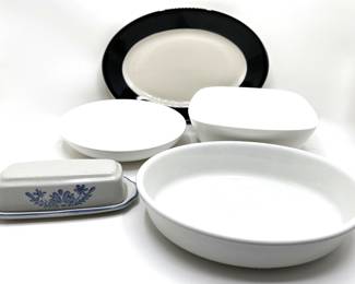 Homer Laughlin Platter, Pflatzgraff Yorktown Stoneware Butter Dish & 3 White Serving Bowls
Lot #: 99