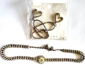 Vintage Rhinestone Necklace & New Dangling Hearts Rhinestone Earrings
Lot #: 62