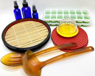 Kitchen Tools: Ice Trays, Spray Bottles, Plastic Plates With Bamboo Inserts, Rubber Pot Holders & More
Lot #: 105
