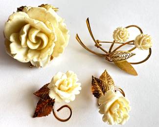 Vintage Carved Bone Rose Jewelry: 2 Brooch Pins & Clip-On Earrings By BSK, Winard & More
Lot #: 61

