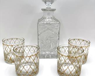 Vintage Cut Crystal Decanter & Set Of 4 Mid-Century Etched Gilded Rock Glasses
Lot #: 45