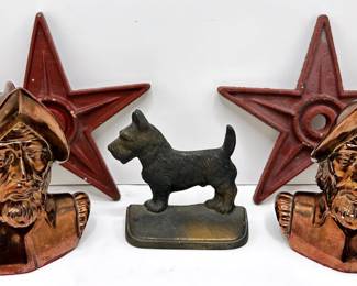 Vintage Cast Iron Dog Door Stop, Set Conquistador Busts & 2 Painted Cast Iron Stars
Lot #: 107