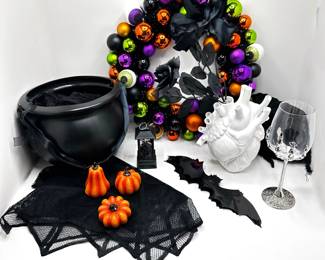 Halloween Decorations: Wreath, Heart Vase, Cape, Spider Web Table Cloths, Pumpkin Lights & More
Lot #: 159