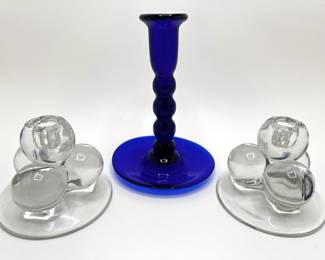 Vintage 1974 Signed Cobalt Blue Glass Candlestick & Set Mid-Century Glass Candlesticks
Lot #: 114