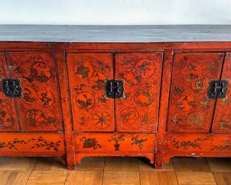 Antique Solid Wood Hand Painted Asian Side Board Buffet Cabinet With Bronze Hardware
Lot #: 3