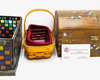 Karen Miller Hand Painted Memory Box, Indian Glass Mosaic Tile Box & Vintage Longaberger Hand Woven Basket
Lot #: 126