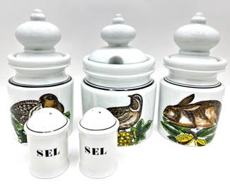 Set 3 Porcelaine D'Auteuil French Canisters & 2 Porcelaine D'Auteil Salt Shakers
Lot #: 17
