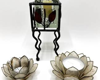 Set Vintage Capiz Shell African Flower Candle Holders & Mexican Hand Crafted Metal & Glass Candle Stand
Lot #: 115