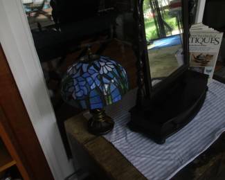 Stained glass shade on white metal base, 