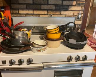 Cast iron and enamel pots pans