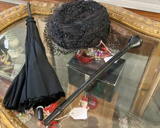Antique mourning umbrella and hat