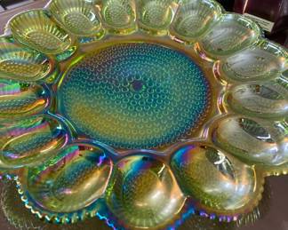 Green carnival glass egg plate