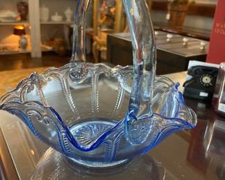 Blue glass basket with original L E Smith tag