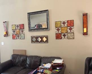 Square decor- Two available - $20 for both. Wall mirror $40. 3 panel mirror $10. Wall sconces/candle holders $20 for both.