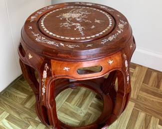 Rosewood vintage pair of barrel stools/side table with mother of pearl inlay