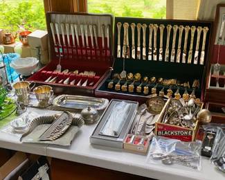 Assorted silverplate flatware, gold finish flatware, Fenton, silverplate, antique spoons, copper pieces