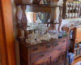 Antique Sideboard / Assorted cut and pressed glass