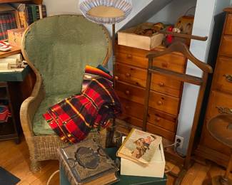 Antique Wicker Chair / Antique Bible/ Blankets
