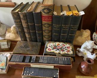 Leather bound antique books / antique domino sets