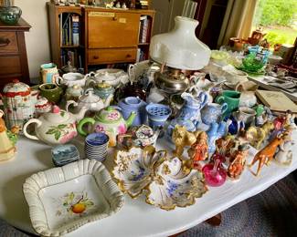 Teapot collection, porcelain pieces, figurines