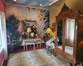 French Armoire, Lamps, cheetah rug