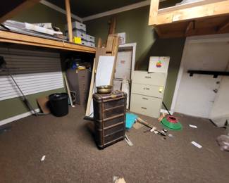 Antique trunk,  lateral filing cabinet and standard filing cabinets, more slot walls and shelving.