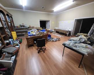 Blind remnants, shelves desk, conference table, harware, tools and more.