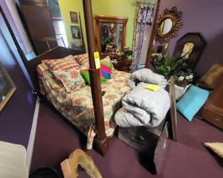 Lane for poster queen bed.  Fully adjustable motorized queen bed with mattress.  Antique trunk a pair of zebra beds spreads for twin beds and a floral bedset.