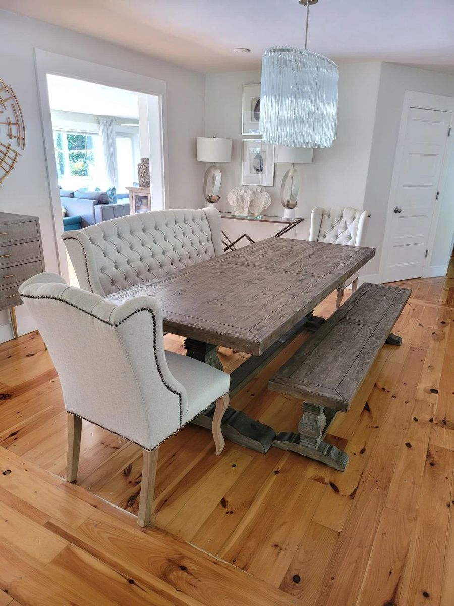 Farm table bench with fabric tufted couch and chairs