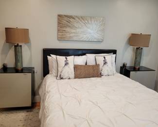 Full Bed, floating nighstands, lamps, art 
