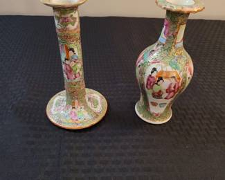 circa 1850 Antique Famille Rose vase and candlestick