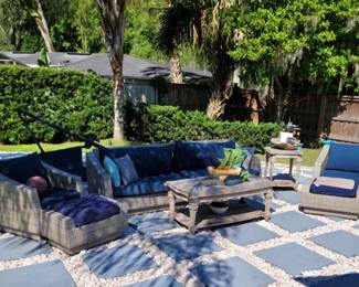 Patio Couch, Arm Chairs. End Table and Coffee Table Set