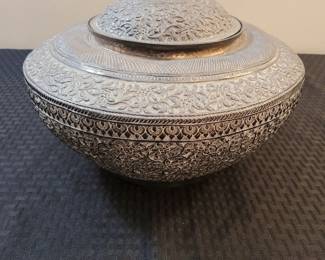 Antique Asian silver lg covered bowl incense