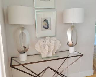 Abstract foyer table, lamps, art, coastal white coral decor