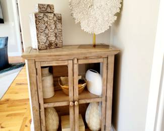 White coral coastal decor, farm style cabinet
