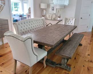 Farm table bench with fabric tufted couch and chairs