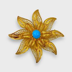 18K Yellow Gold Filigree W/ Persian Blue Turquoise Cabochon
