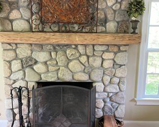 Fireplace screen, fireplace tools, fireplace bucket, log carrier and home accessories