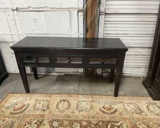 black sofa table with glass drawers